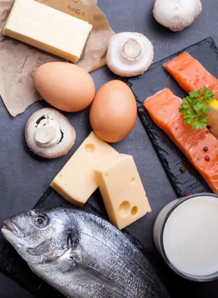 Salmon, cheese, mushrooms, butter, and eggs.