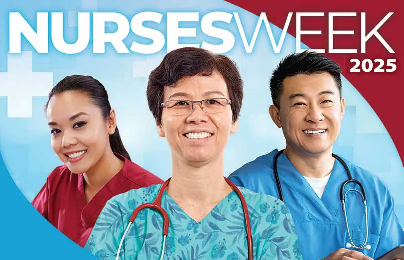 Three nurses in scrubs with text reading Nurses Week 2025.