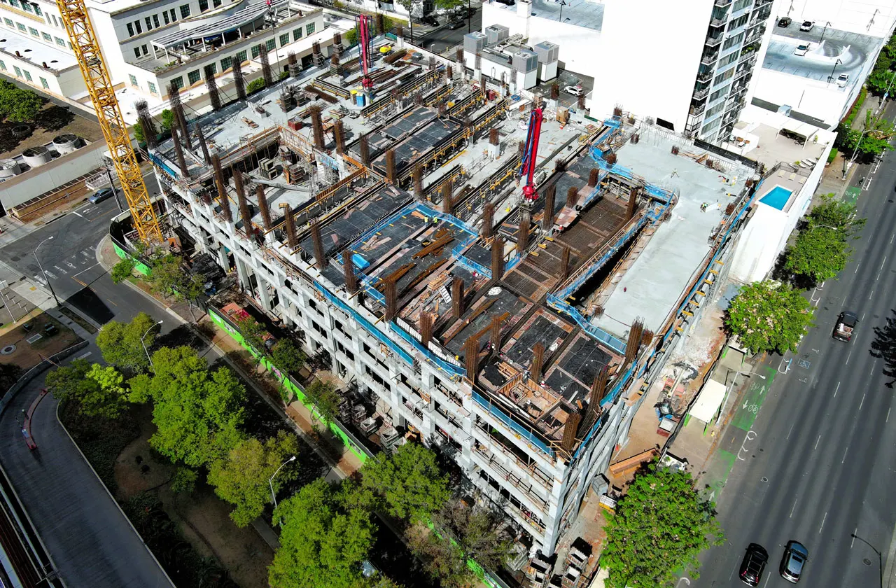 An aerial view of the parking structure under construction.