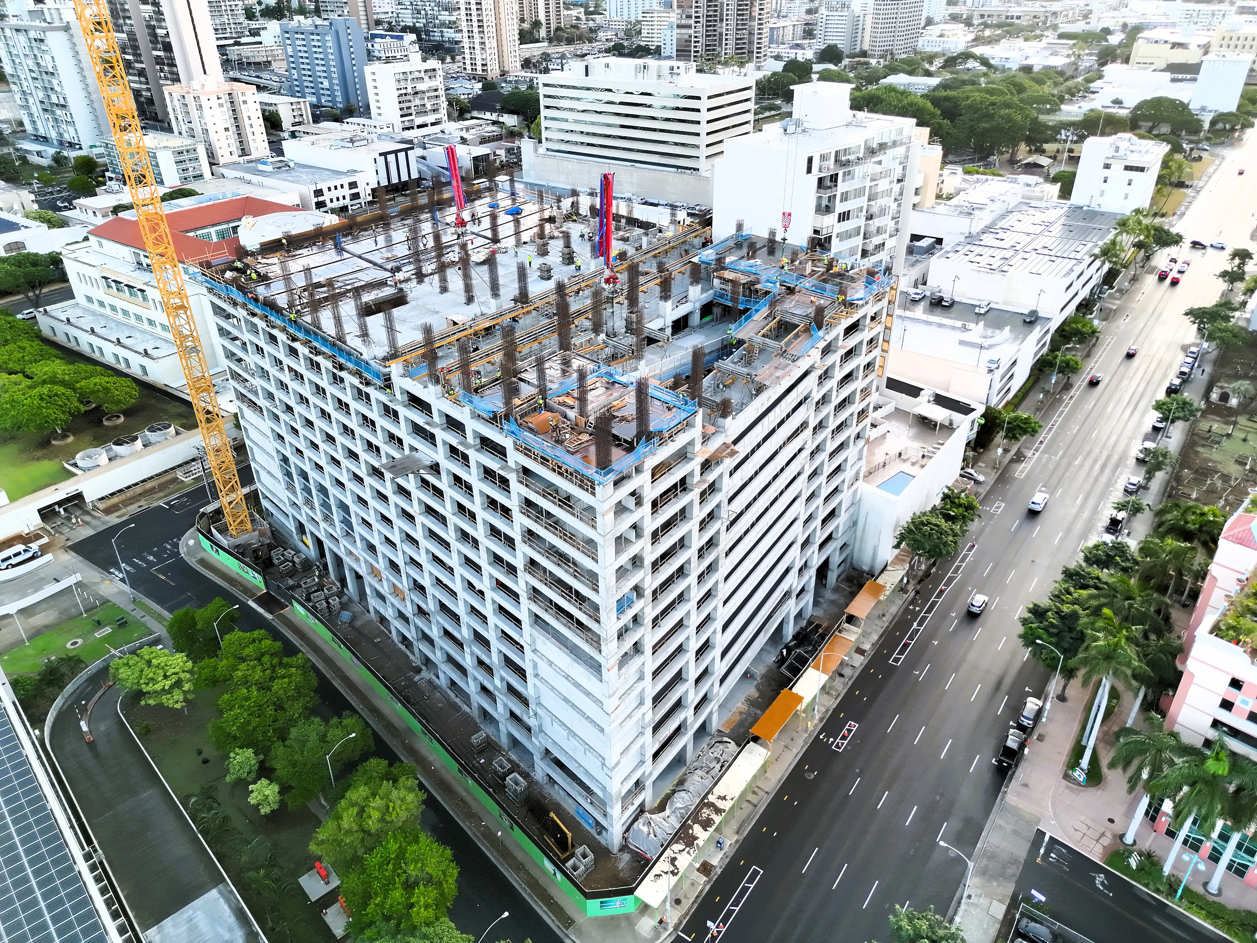 An aerial view of the parking structure under construction.