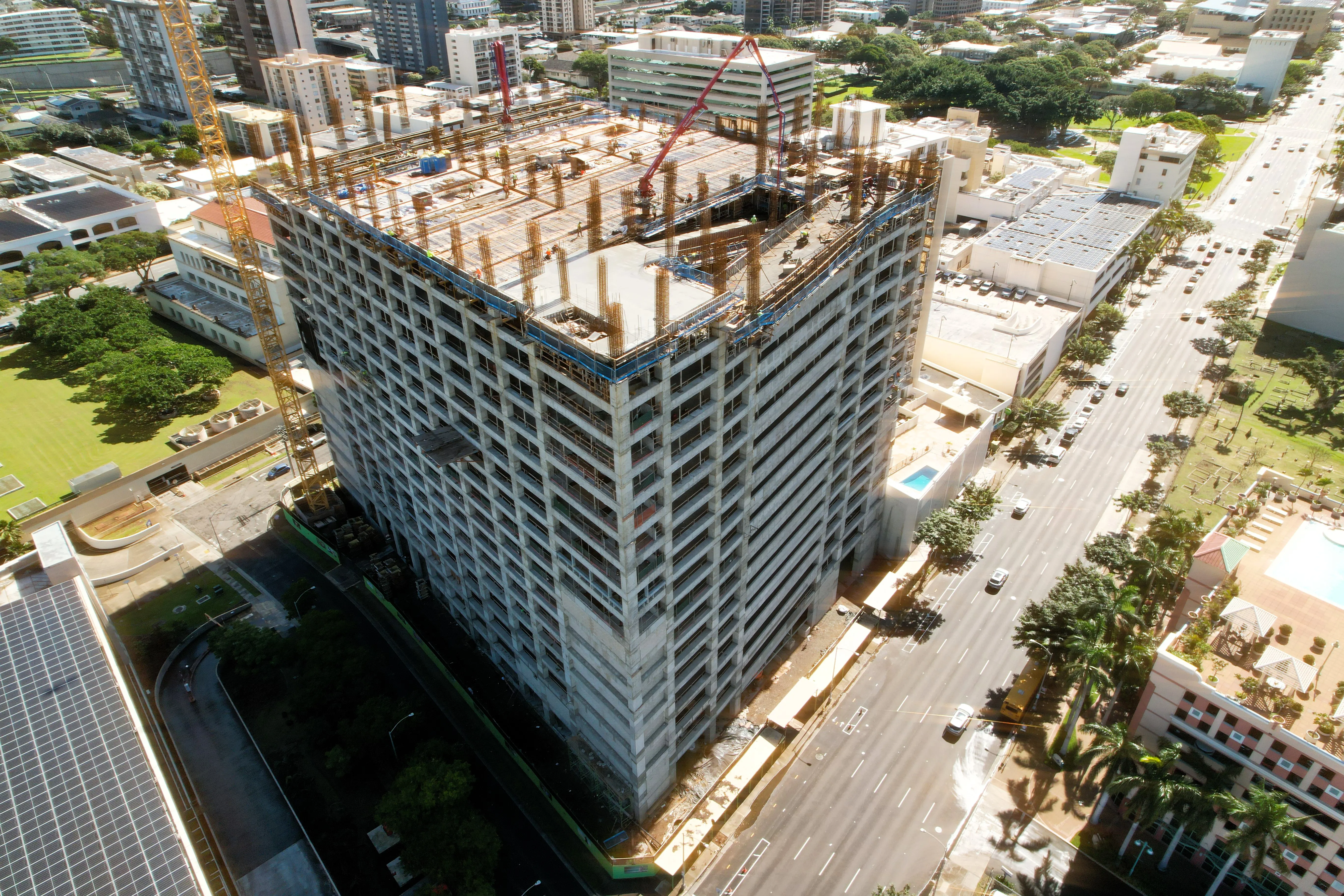 An aerial view of the parking structure under construction.