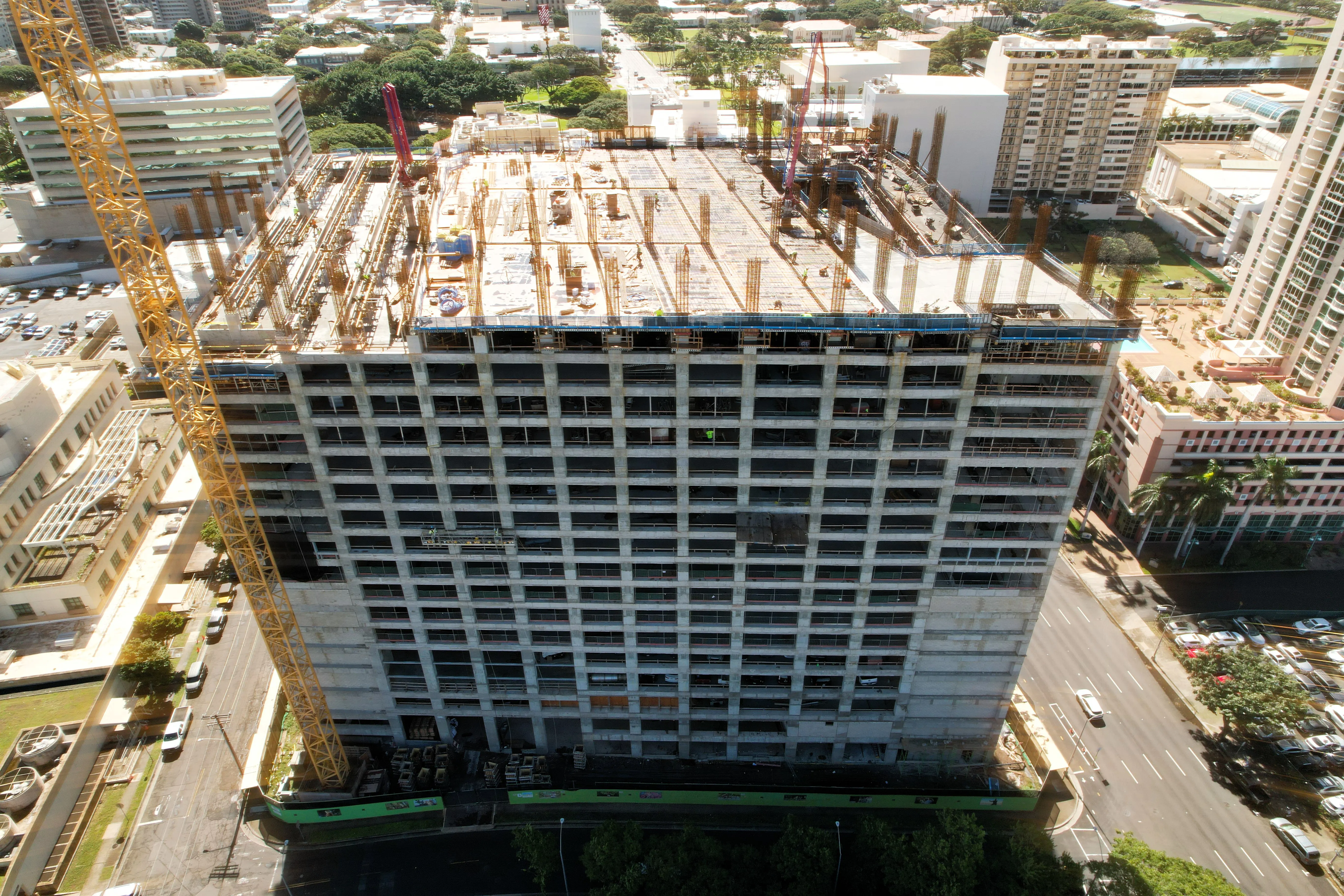 An aerial view of the parking structure under construction.