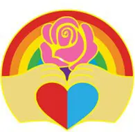 Illustration of a celebratory pin with rose, heart and rainbow.