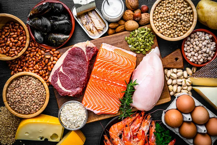 Peptide-rich foods laid out on a table.