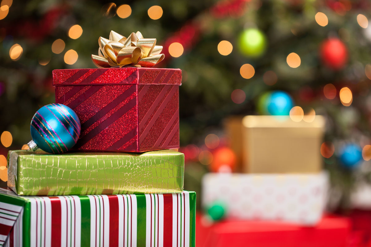 Holiday gifts sit in front of a decorated tree.