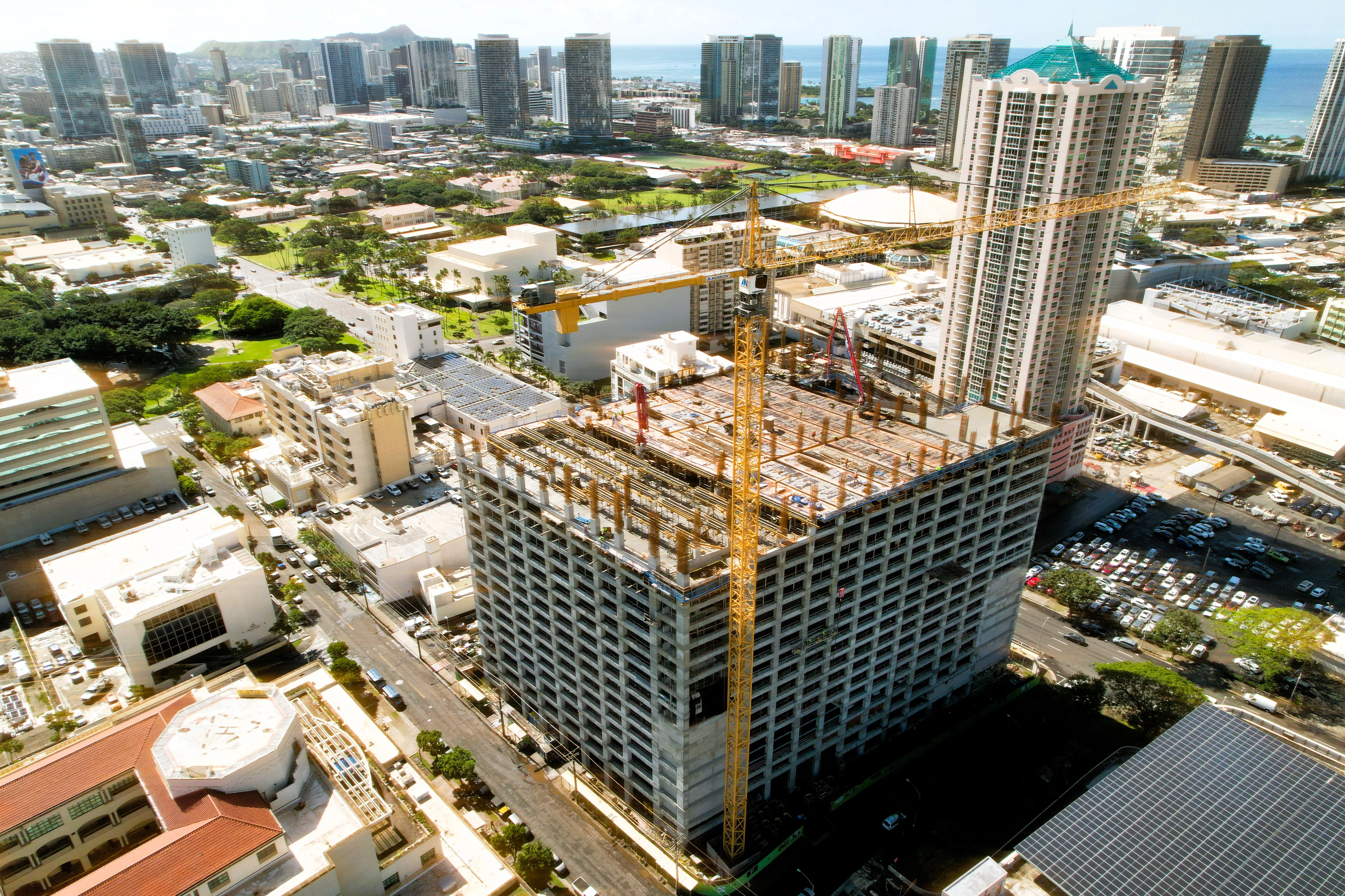 An aerial view of the parking structure under construction.