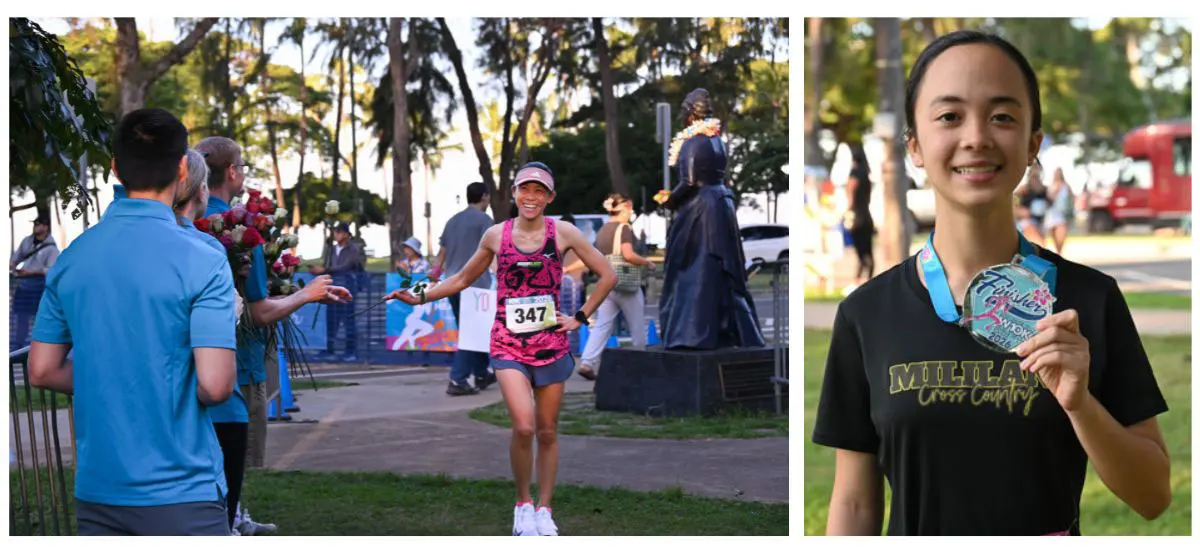 On the left, a woman in a pink athletic outfit smiles as she crosses the finish line and receives a rose. On the right a young girls proudly holds up her race finisher medal.