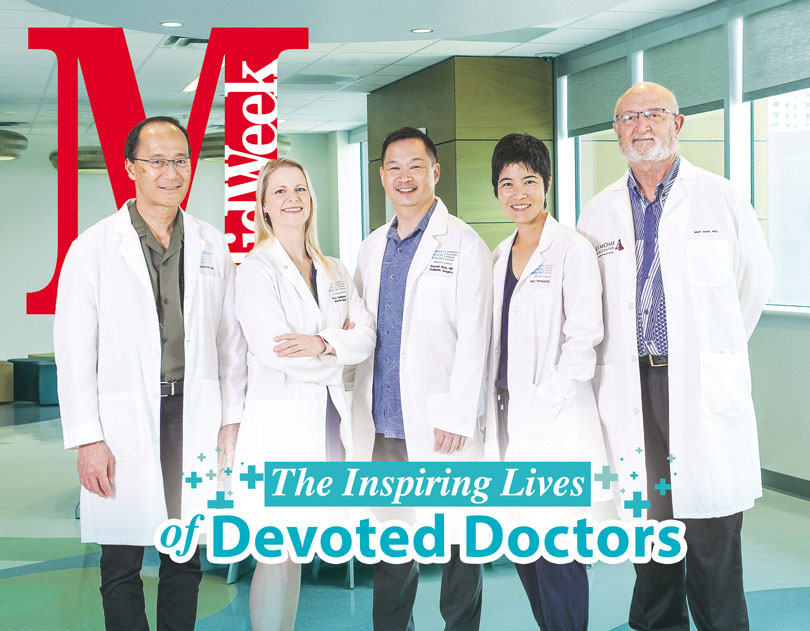 Cover of MidWeek featuring five HPH doctors smiling in their white coats.