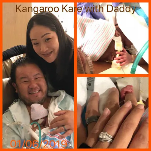 Photo collage of Kalley-Mae, as a micro-preemie, in the hospital with her parents. Her hand barely wrapping around her dad's fingertip.
