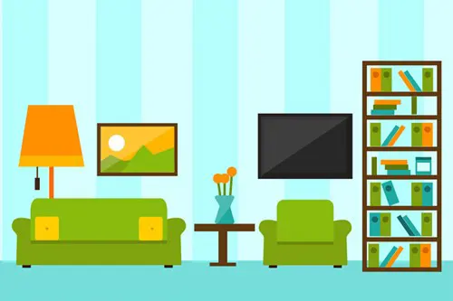 An illustration of a living room, with furniture, bookshelf, paintings, and other items.