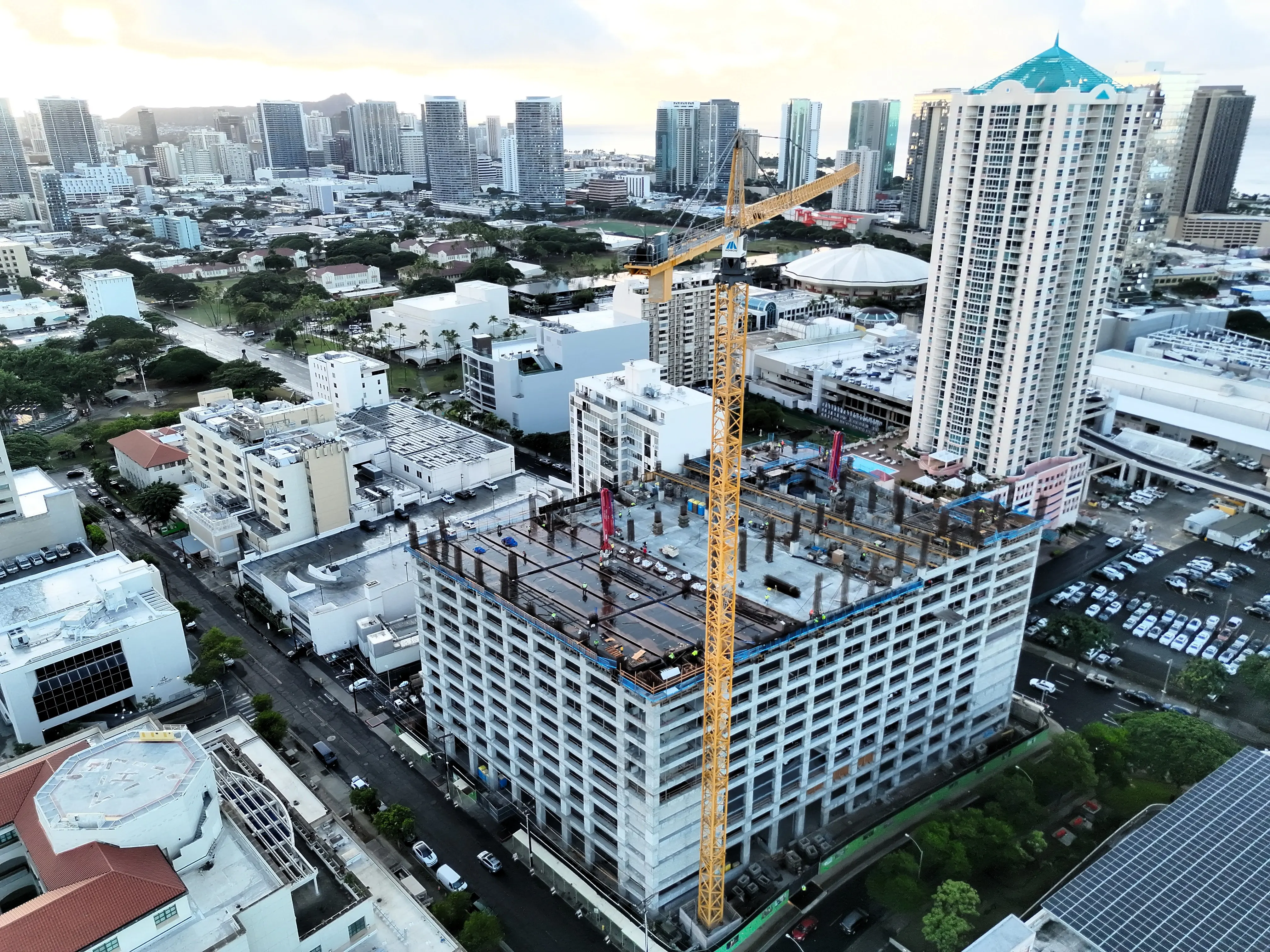 An aerial view of the parking structure under construction.