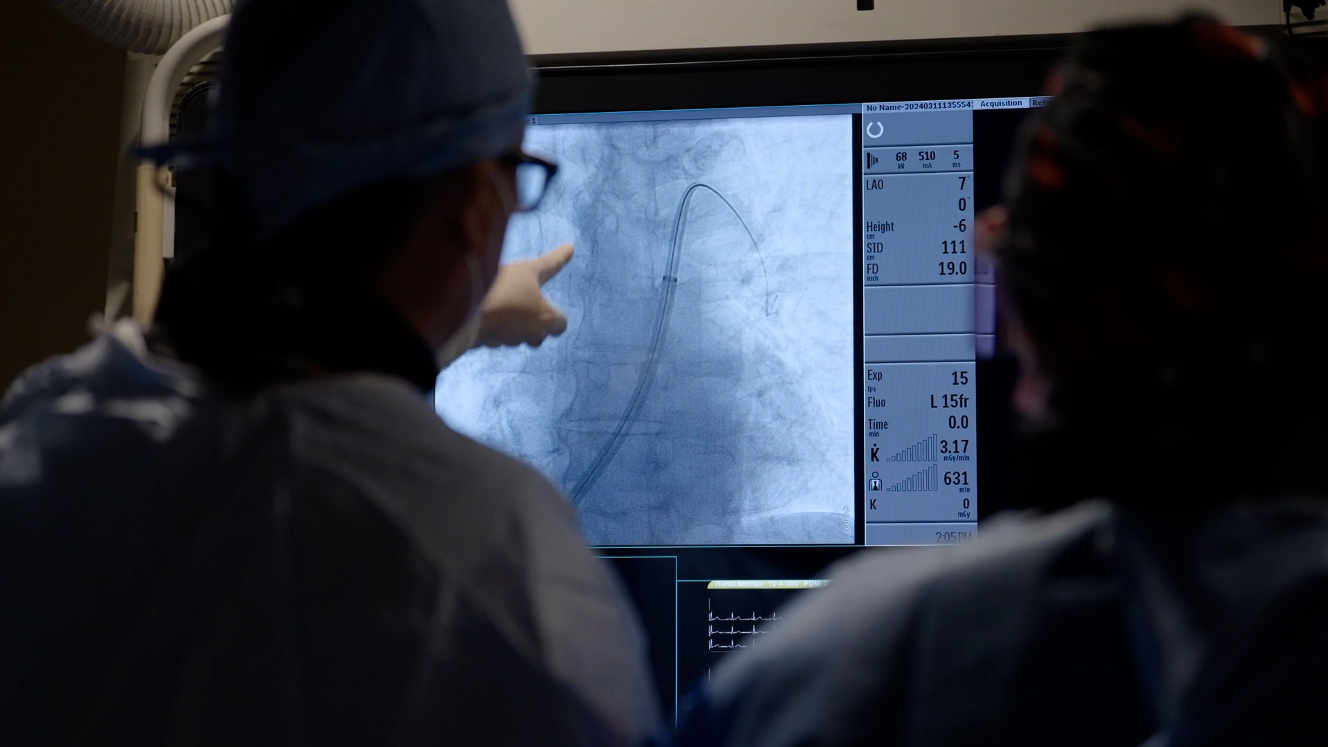 Provider pointing at imaging showing a heart related procedure.