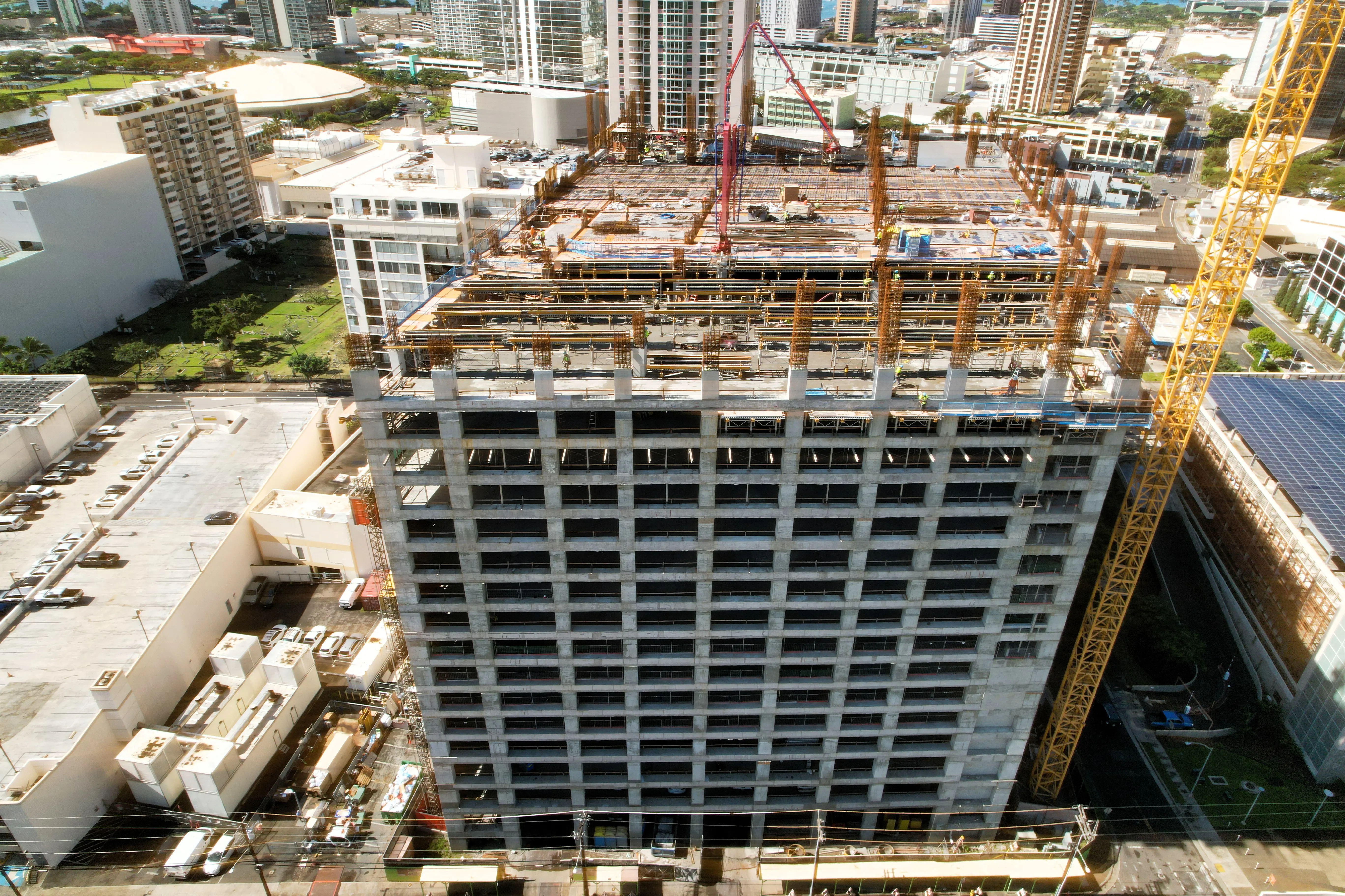 An aerial view of the parking structure under construction.