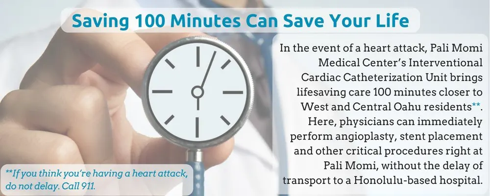 Infographic about how the location of the Pali Momi Heart Center can save 100 minutes for West and Central Oahu residents.