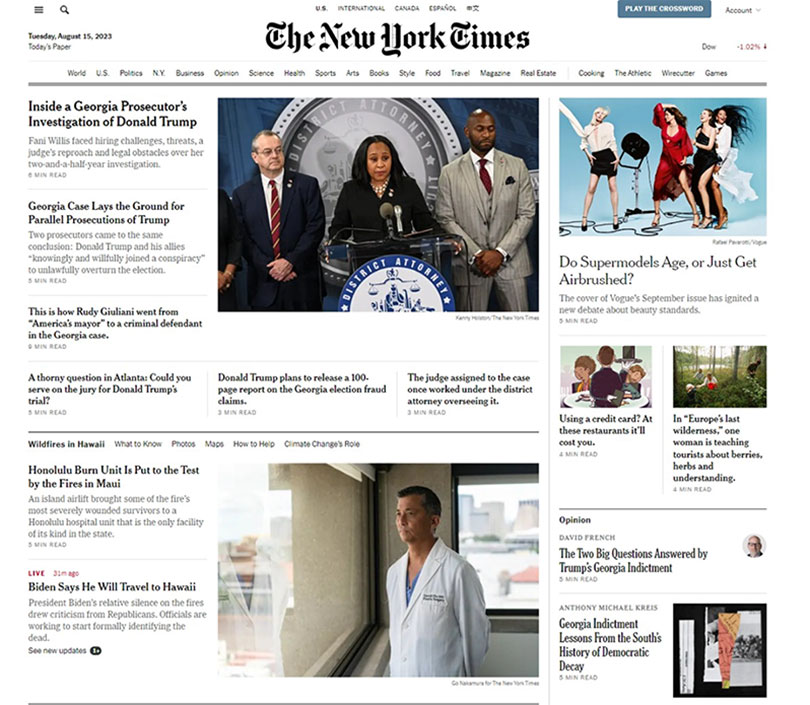 The New York Times online home page featuring Straub Plastic Surgeon Doctor David Cho and the Straub Burn Unit.