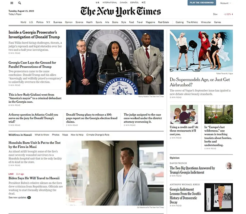 The New York Times online home page featuring Straub Plastic Surgeon Doctor David Cho and the Straub Burn Unit.