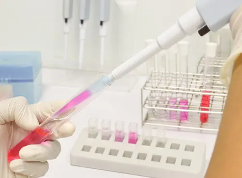 A person puts a sample solution into a tube.