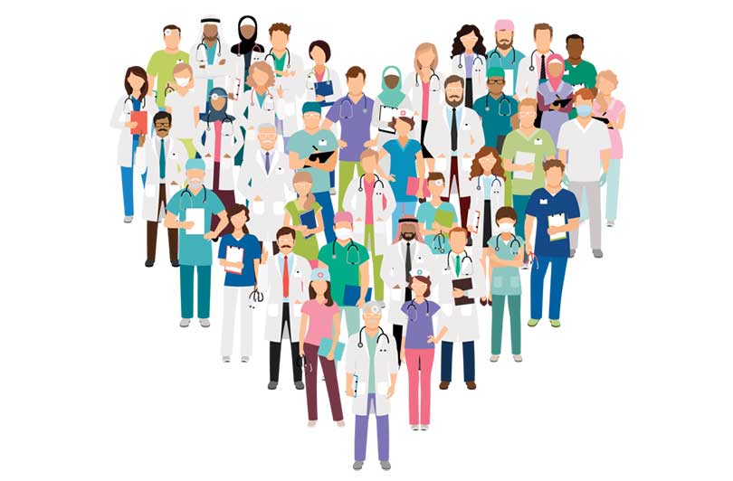 Stock illustration of healthcare workers forming a heart shape.