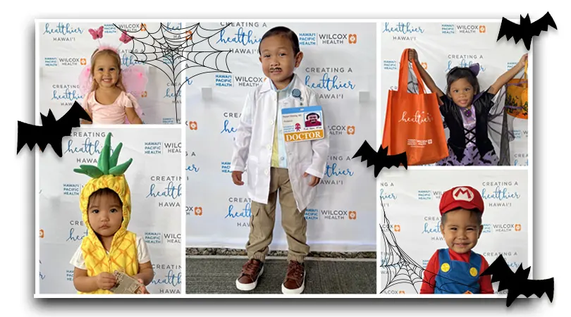 Collage of very cute young children in Halloween costumes including fairy, pineapple and doctor.