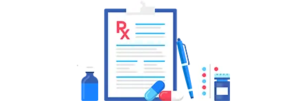 Illustration showing prescription drugs and a paper with Rx on it.
