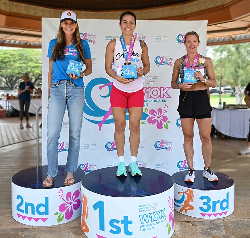 Top three 10K finishers standing on the winners podium.