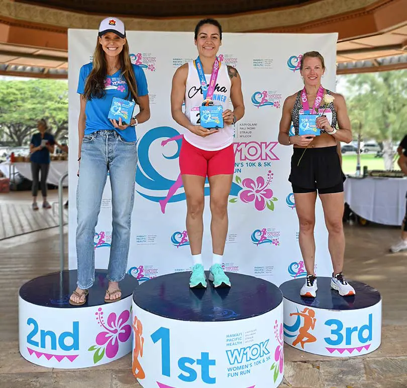 Top three 10K finishers standing on the winners podium.