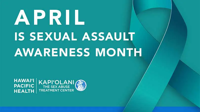 Teal ribbon with text: April is Sexual Assault Awareness Month.
