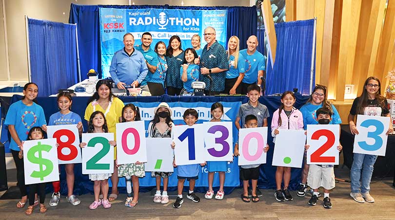 Group of kids holding up cardboard numbers showing the total dollar amount raised during Radiothon. 