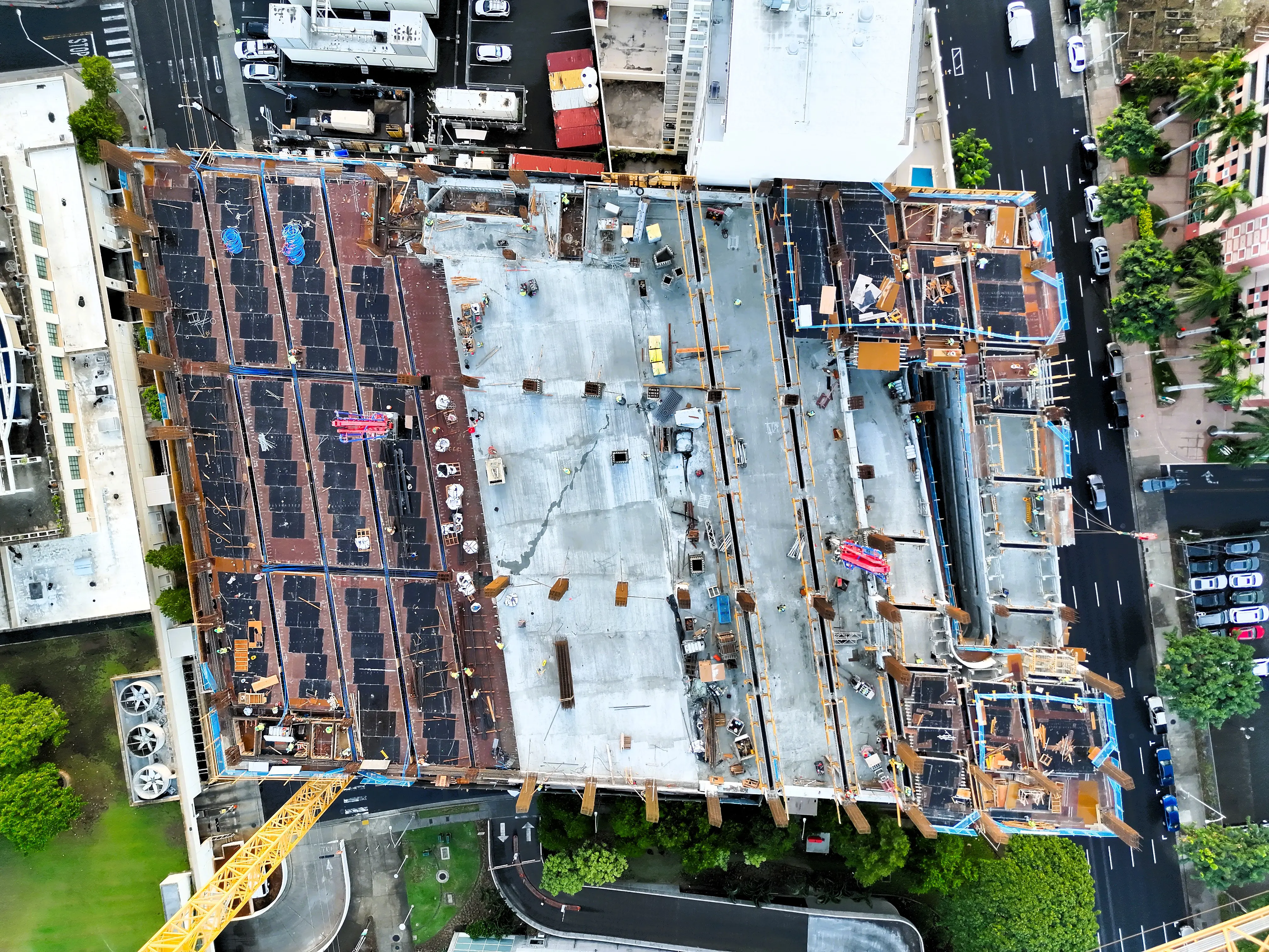 An aerial view of the parking structure under construction.