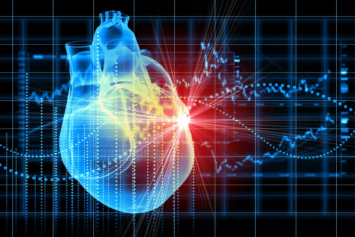 An illustration of an anatomical heart with red indicating where an issue is occurring. 