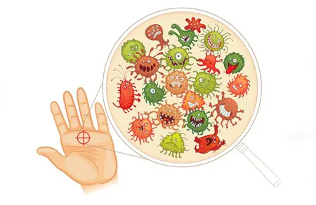 An illustration of a magnifying glass showing cartoon-like germs on a hand.