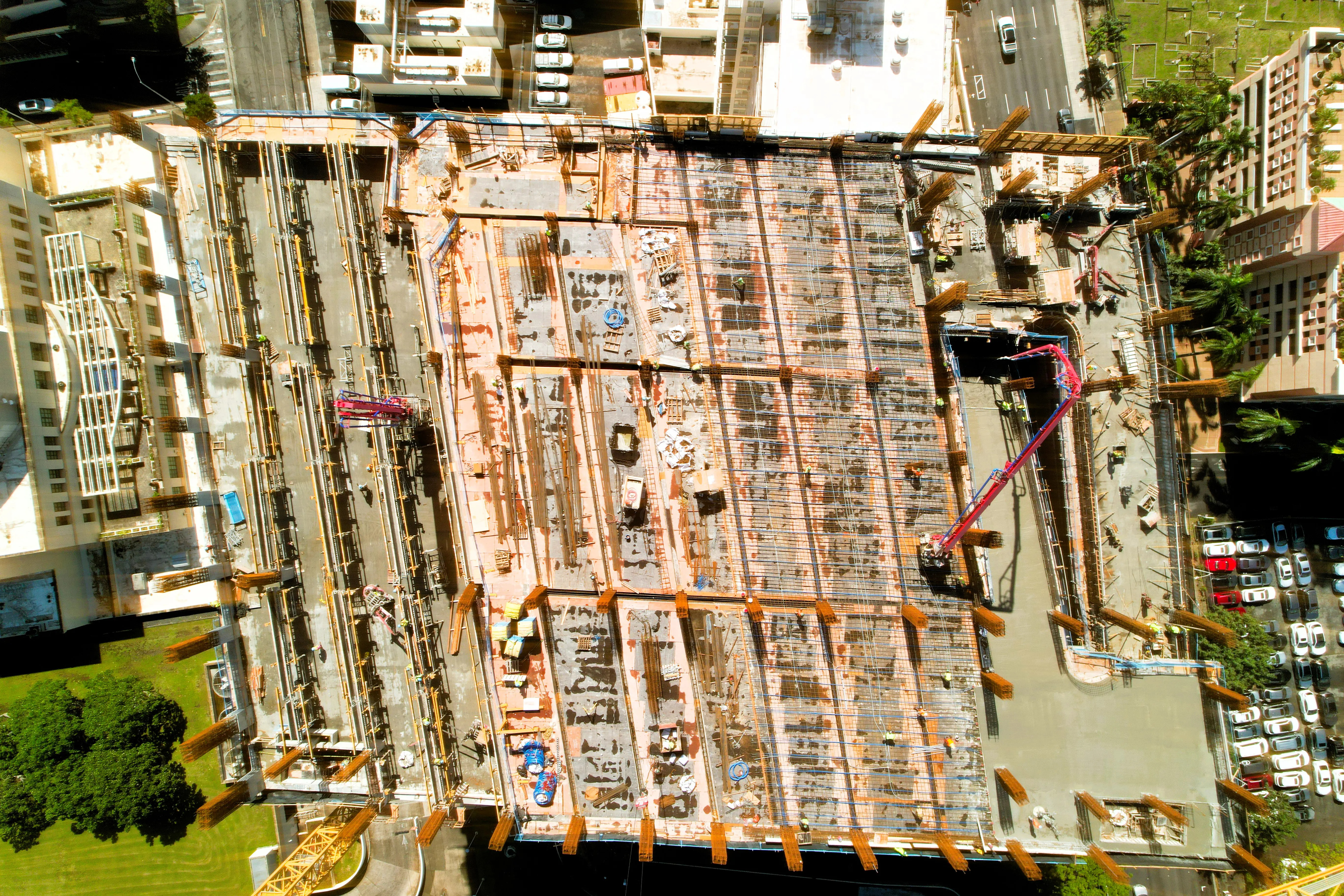 An aerial view of the parking structure under construction.