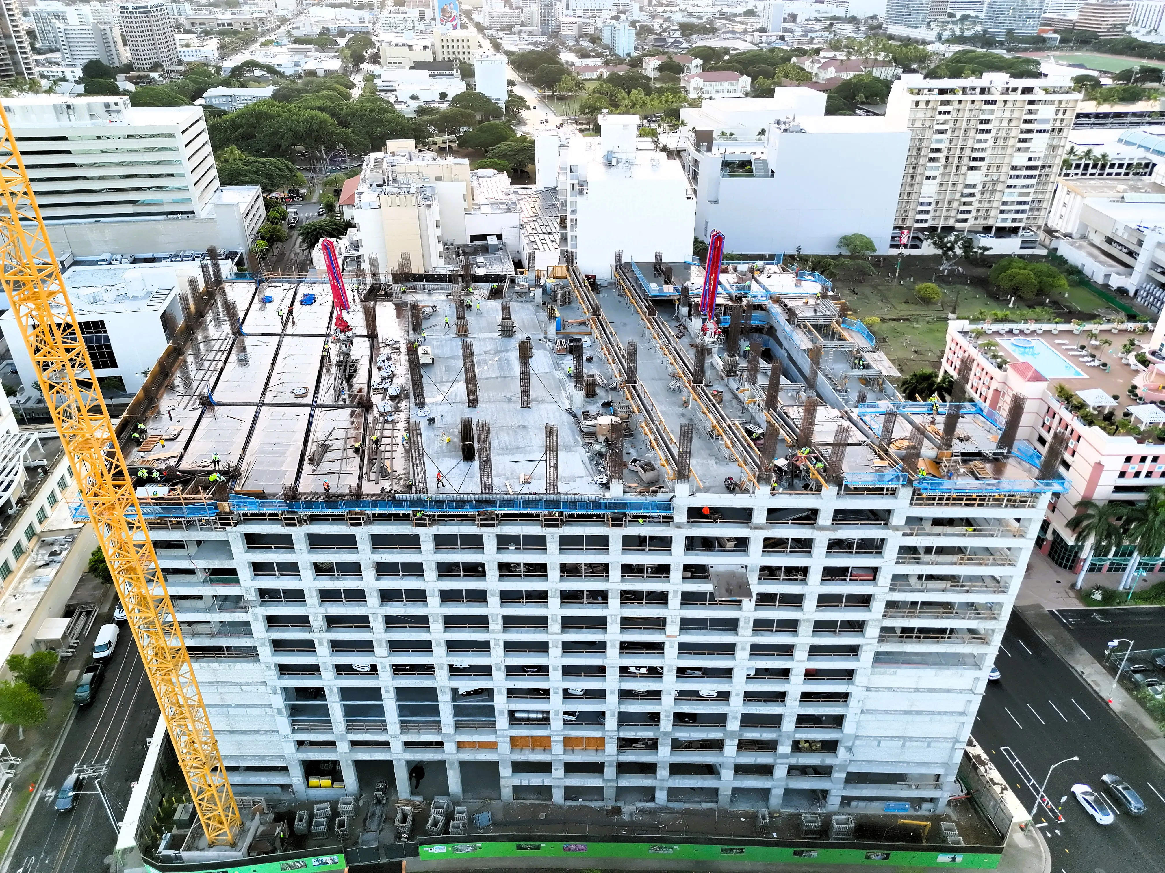 An aerial view of the parking structure under construction.