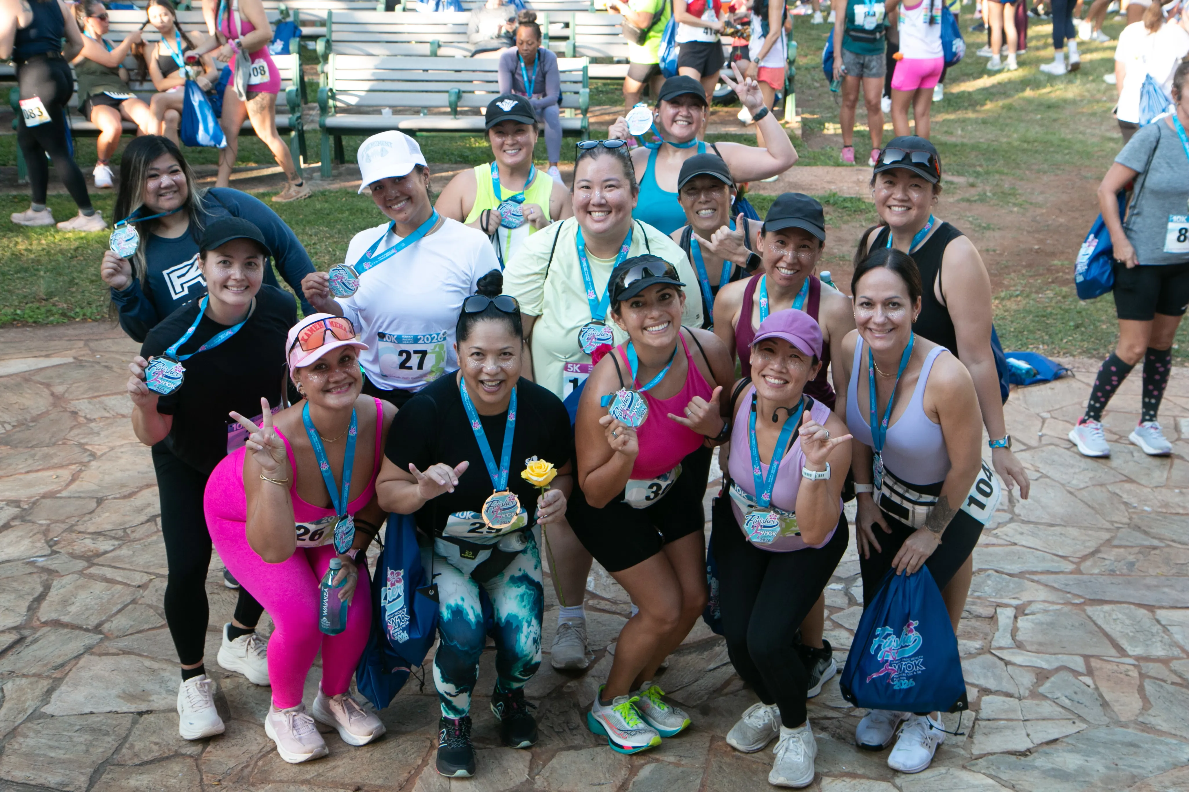 Some race participants huddled together for a group photo.
