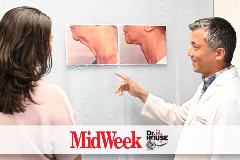 Dr. Cho and a female patient look at before-and-after photos of a facelift rejuvenation procedure at Straub Benioff Plastic Surgery.