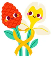 Illustration of animated red and white ginger flowers looking at each other with smiling faces while held together with a gold ribbon.