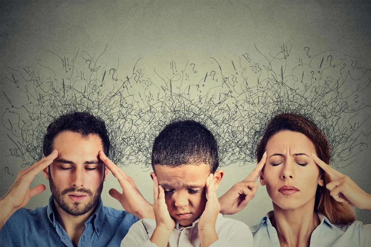 Closeup portrait of sad young man, boy and woman with worried stressed facial expressions and brain melting into lines of interconnected question marks.