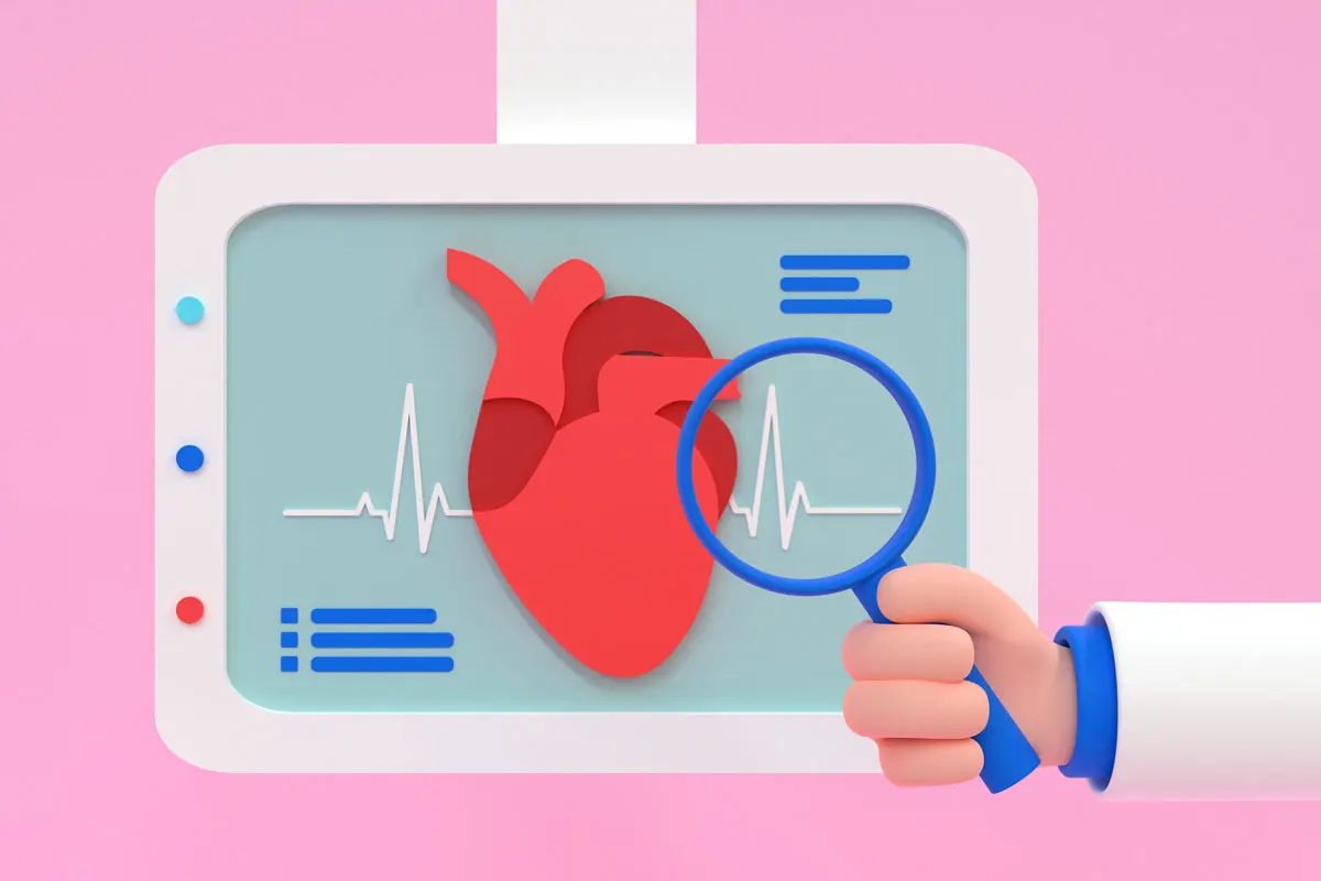 An illustration of a hand holding a magnifying glass over a screen with a heart and heart rhythm.