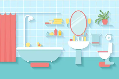 An illustration of a bathroom with a tub, curtain, shelves full of items, a sink, mirror, toilet and many additional objects.