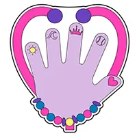 An illustration of a hand covered in stickers and charms, and a stethoscope forming a heart.