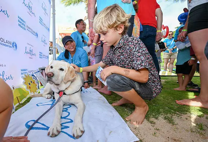 Young boy calmly petting labrador retriever support dog.