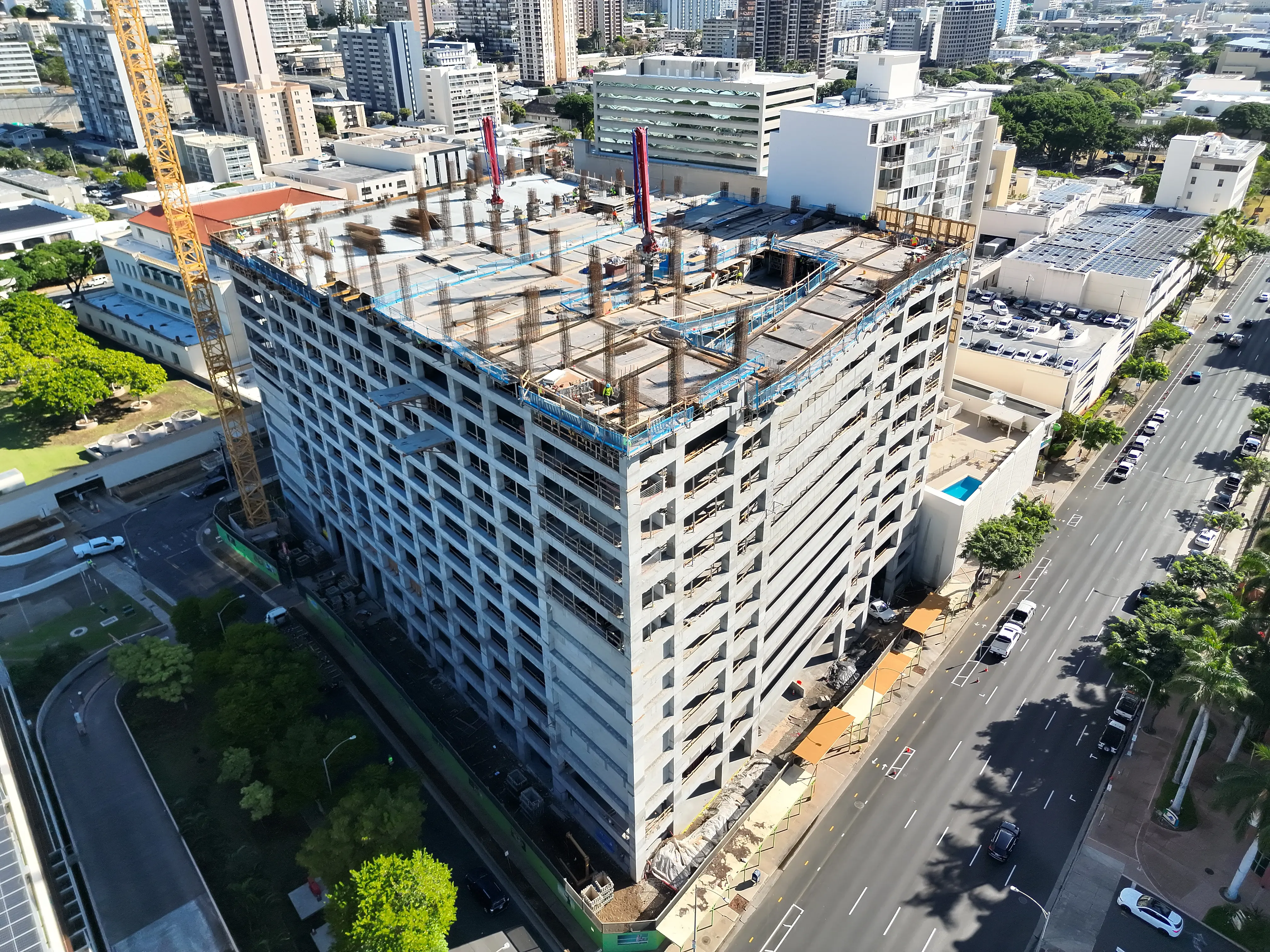 An aerial view of the parking structure under construction.