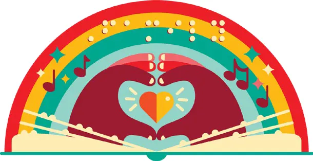 Illustration of a celebratory pin with hands, heart, music notes and rainbow.