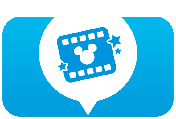A word bubble with a film strip and mouse ears.