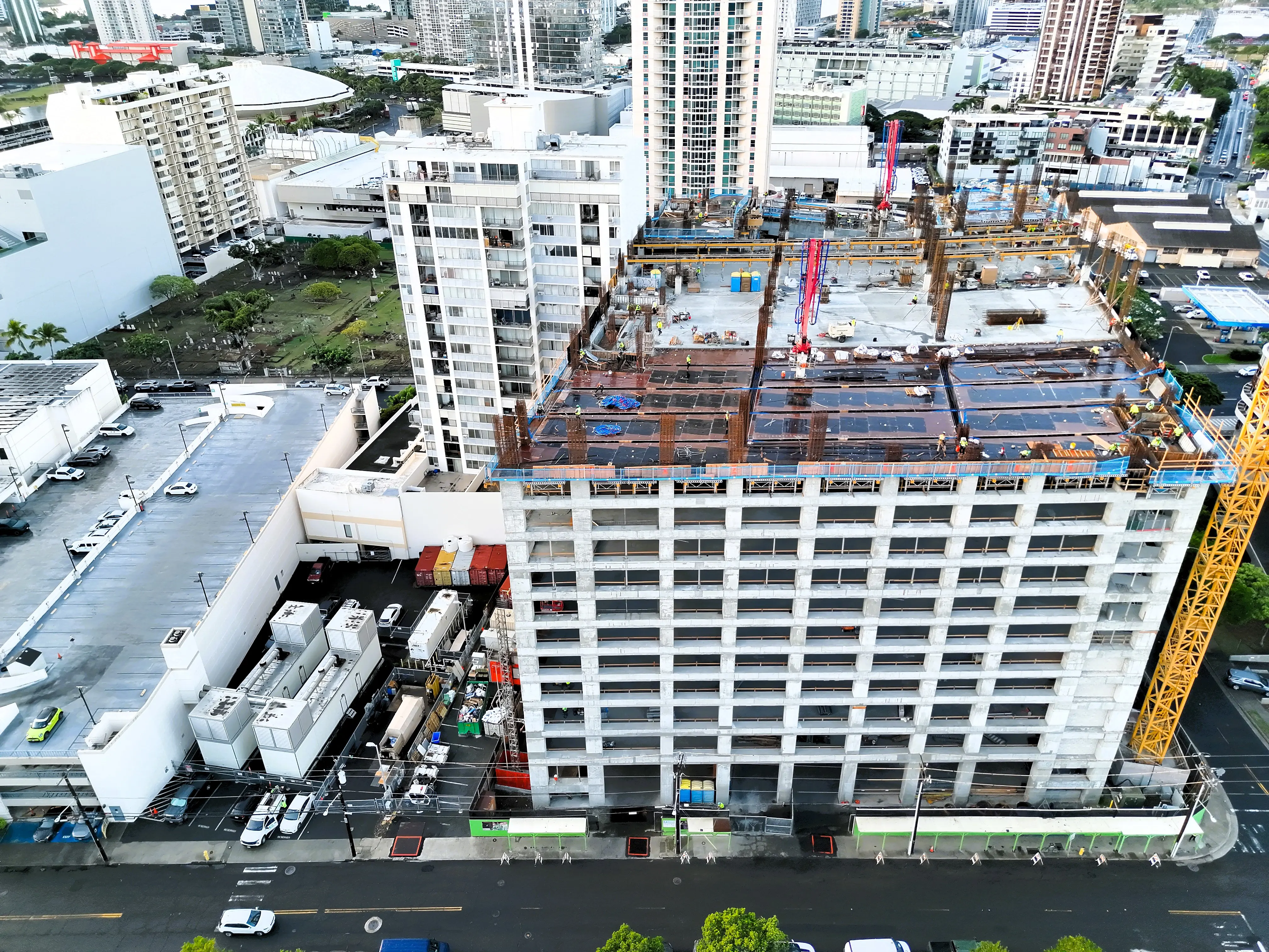 An aerial view of the parking structure under construction.