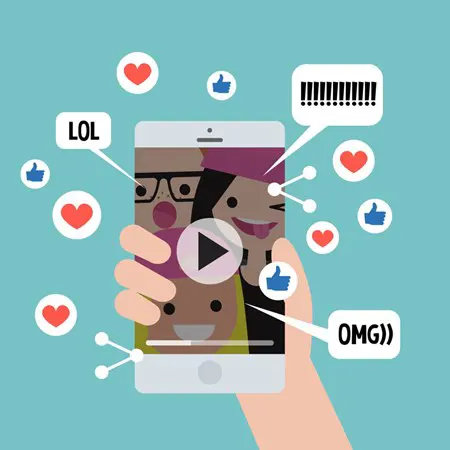An illustrated graphic of a hand holding a phone with social media reactions like hearts, thumbs up, LOL, and OMG