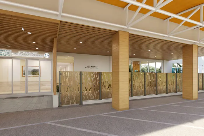 Artist rendering of the healing garden area of the new Martha B Smith Cancer Infusion Center.