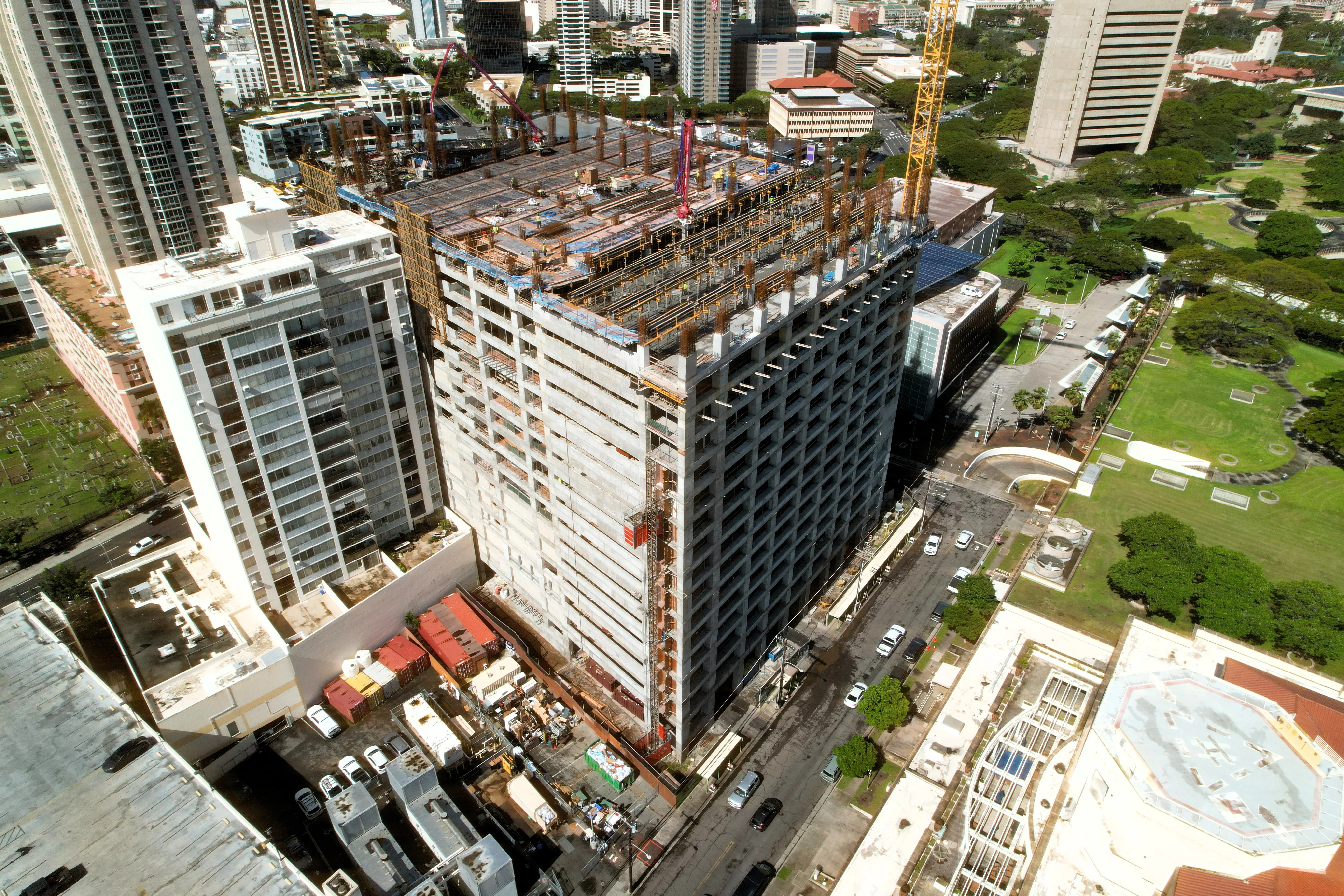 An aerial view of the parking structure under construction.